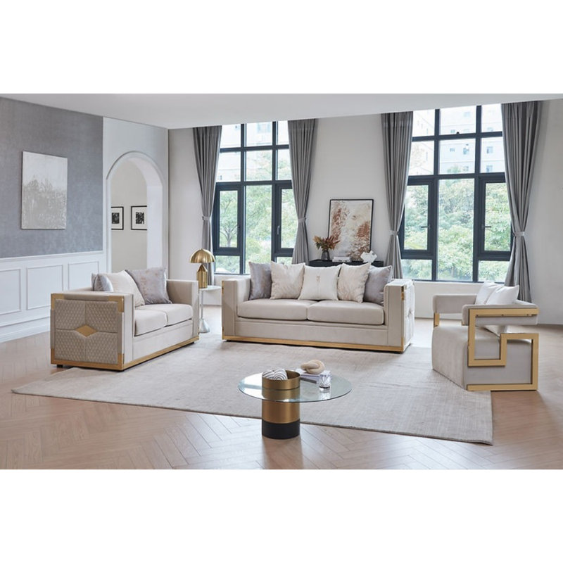 Ensemble de salon en velours 3 pièces Youki, Velours crème