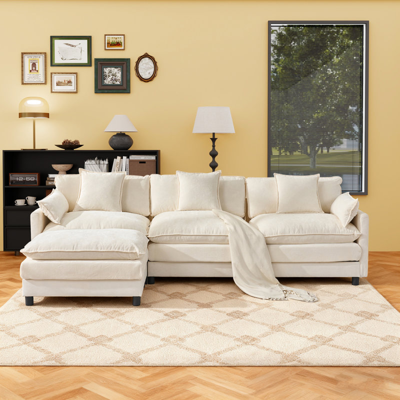 107.5" L Shaped Modern Sofa Modular Sectional Cloud Couch With Ottoman, 4-seat Chenille Deep Seat Sofa With Pillow For Living Room, Bedroom And Apartment