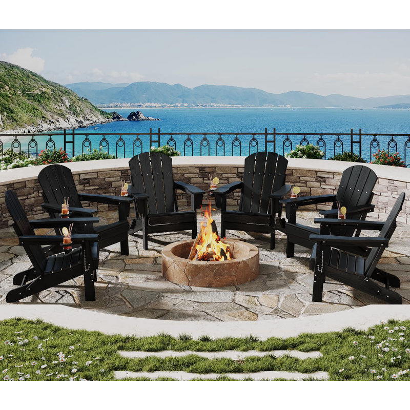 Set of 2 Folding Adirondack Chair with Cup Holder - All-Weather HDPE Outdoor Patio Chair, Wooden Textured Look & Foldable Design for Fire Pit, Deck, Garden, and Porch