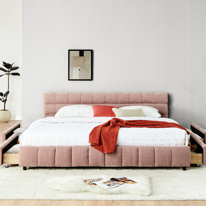 Très grand lit tapissier rose avec tiroir pour l'organisation - Économie d'espace moderne, Rose