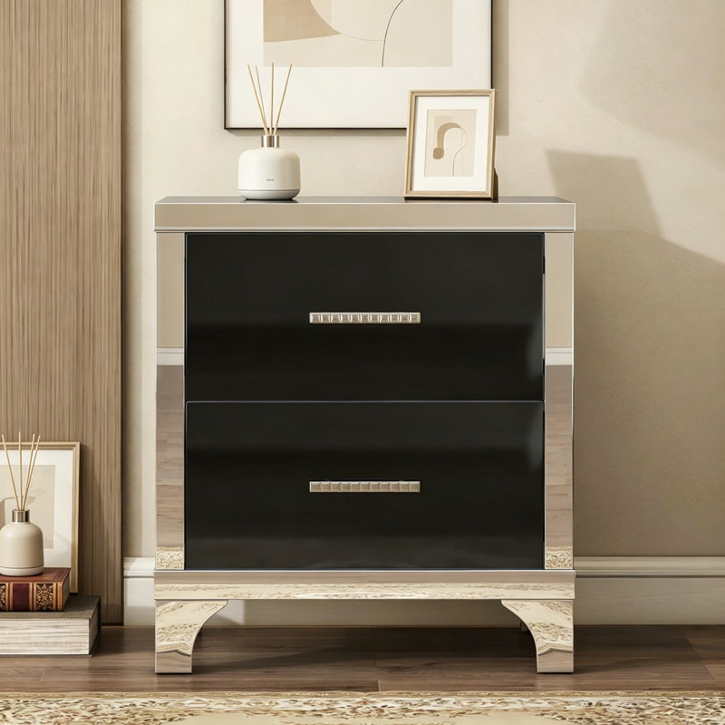 Table de chevet à miroir haute brillance avec 2 tiroirs, table de chevet en bois noire à pieds hauts avec poignée en métal pour chambre à coucher, dortoir, solution de rangement robuste et élégante