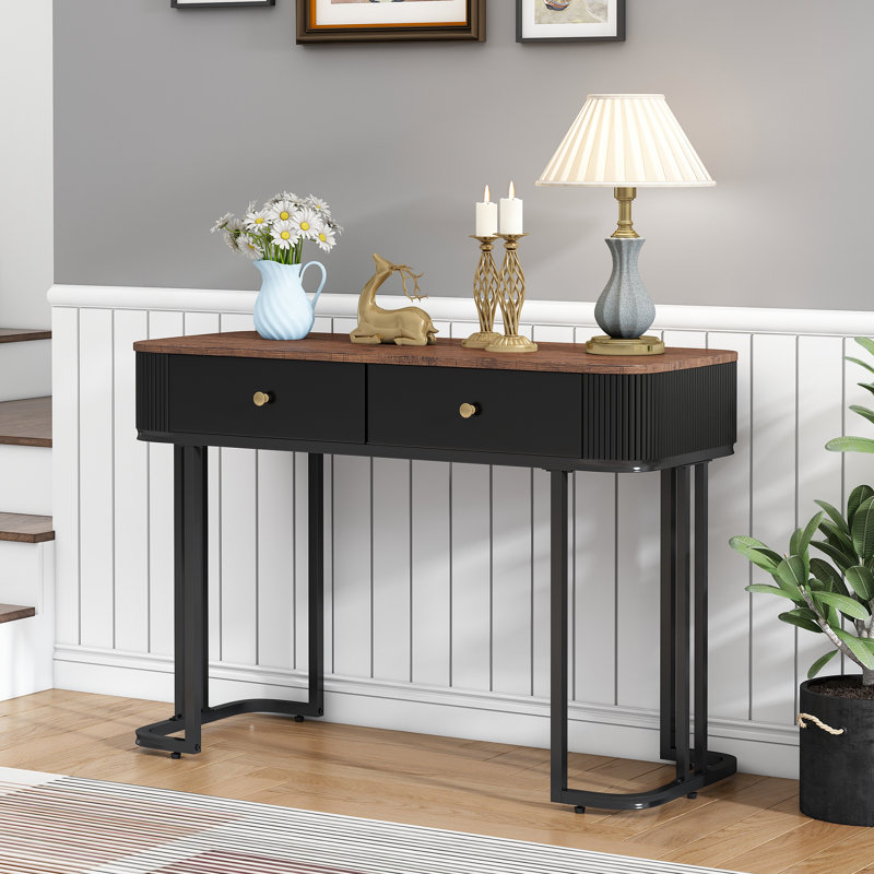 40.35" Console Table with Drawers, Black, Brown