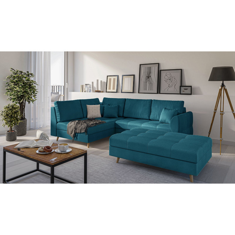 Corner Sofa And Footstool with Wooden Legs In Scandinavian Style Knutsford, Left Hand Facing, Blue