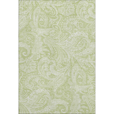 5' X 8' Artichoke Green And Ivory Paisley Washable Area Rug With UV Protection