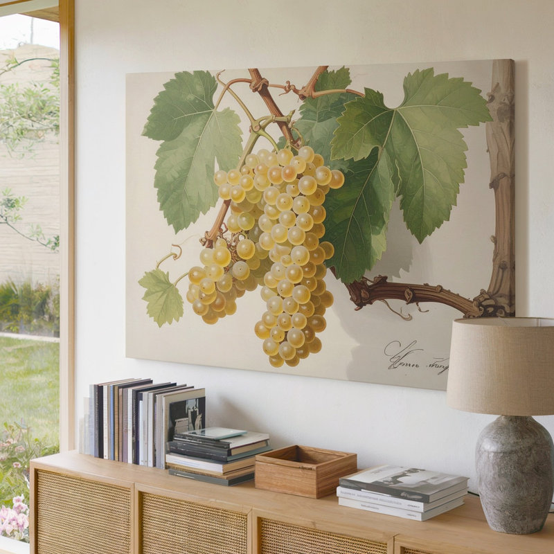 Art botanique sur toile, raisin blanc, H 9 po x l 12 po