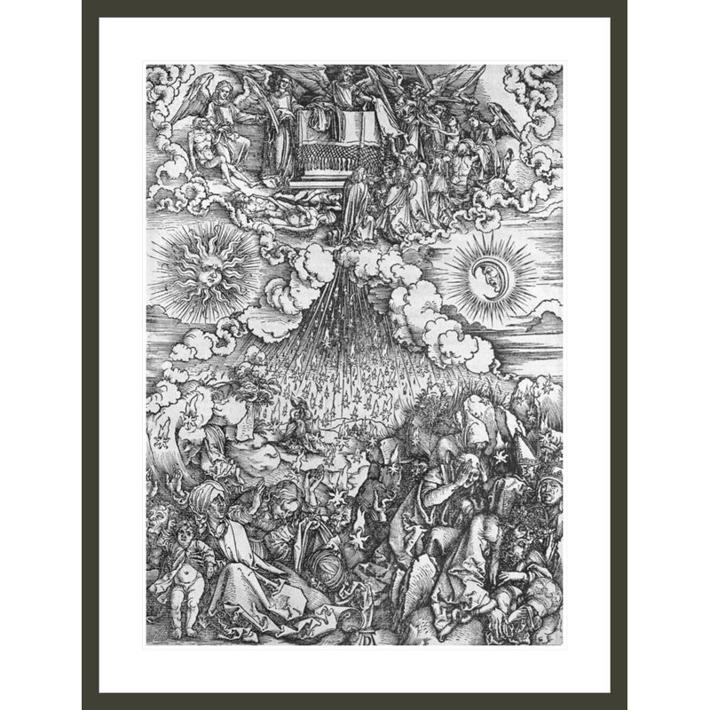 Scène de l'Apocalypse, l'ouverture des Cinquième et Sixième Sceaux, édition Latine par Albrecht Dürer, impression giclée sur cadre
