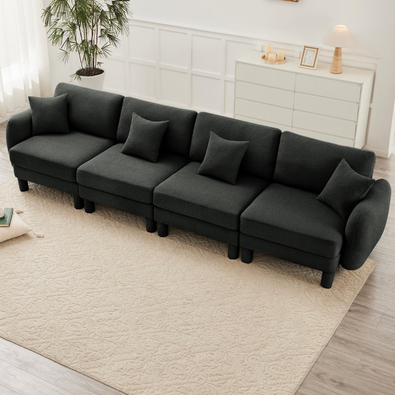 Tissu à 4 places Boucle en gris foncé, accoudoirs distinctifs et coussins de dossier moelleux, look moderne pour la chambre à coucher, canapé-lit gris confortable pour le week-end, avec pieds élégants incurvés