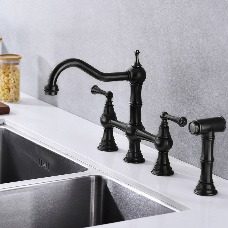 Bridge Dual Handles Kitchen Faucet In Matte Black With Pull-Out Side Spray, 360 Degree Rotatable High Soaking Up, Rust, Corrosion , Leak Proof, Brass Created Outlet, Crafted