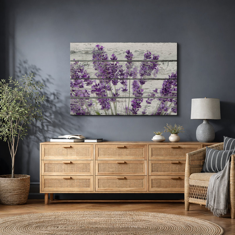 Œuvre d'art mauve lavande mauve sur fond effet bois, images murales rétro rustiques, impression sur toile encadrée