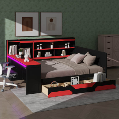 Lit de jour moderne axé sur le jeu avec bureau intégré et éclairage, cadre de lit en bois composé de 3 pièces, tête de lit avec bibliothèque intégrée