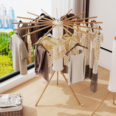 Séchoir à vêtements pliable en bois, trépied, 16 poteaux pour la lessive, support rétractable et pliable sur pied, intérieur et extérieur, style moderne minimaliste