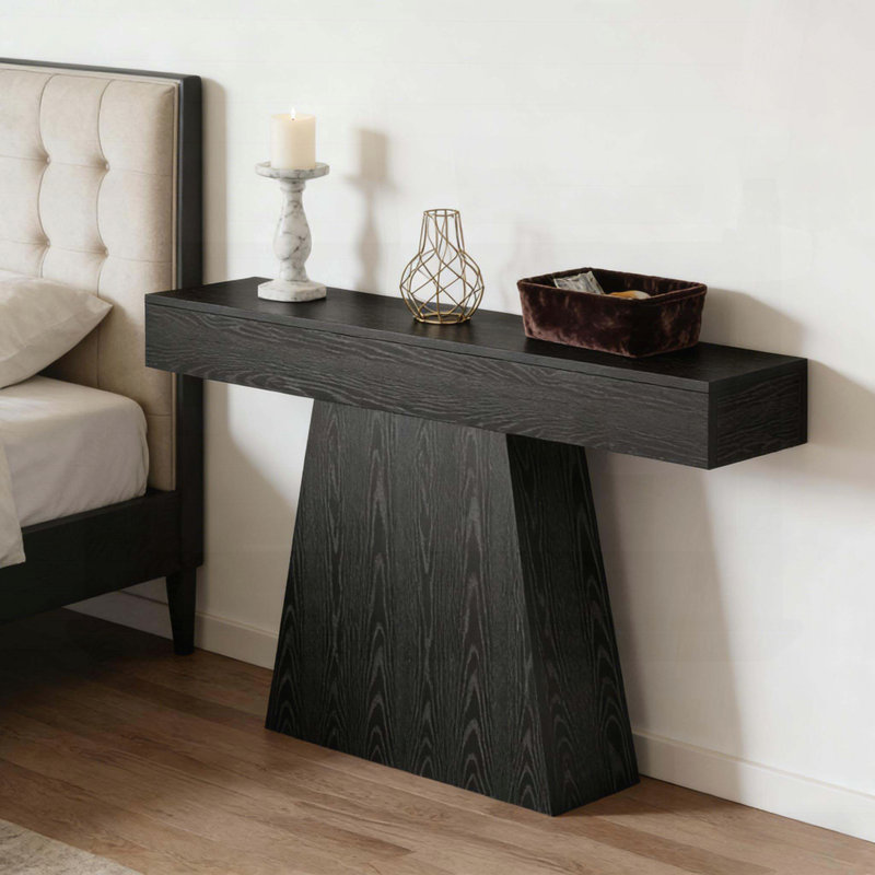 Table de canapé avec base géométrique et détails en grain de bois - noir, 63 po