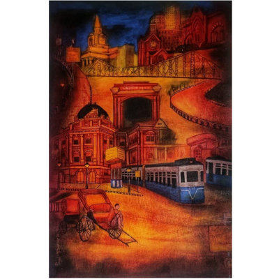 Le train qui court dans la ville de Kolkata | Gris anthracite et acrylique sur toile | Par Payel Mitra