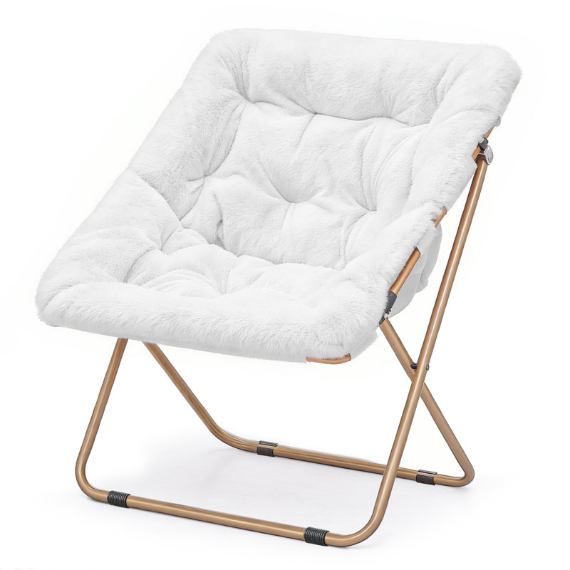  Square Faux Fur Saucer Chair With Metal Frame Foldable Comfy Accent Chair For Bedroom, Living Room & Reading Nook, White
