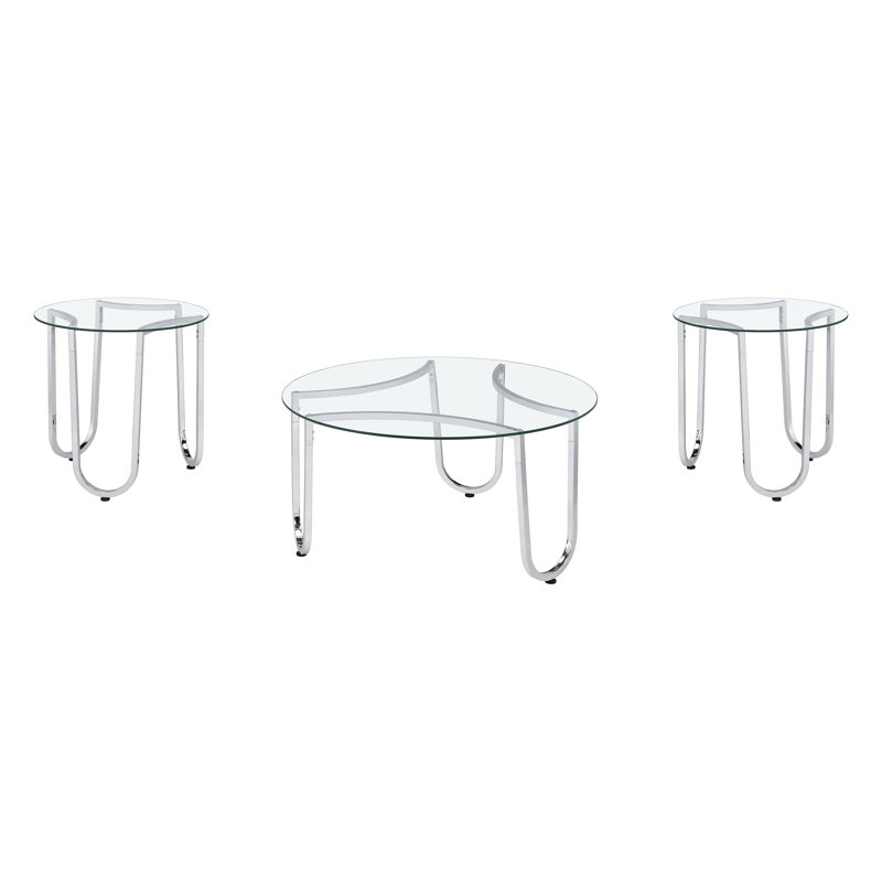 Ensemble de 3 tables basses rondes Dutton Chrome avec plateaux en verre trempé et piètement traîneau en métal