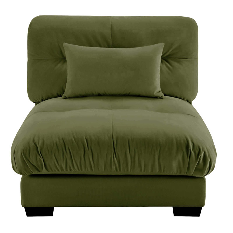 Fauteuil rembourré en velours avec accoudoirs et 1 coussin, Vert olive