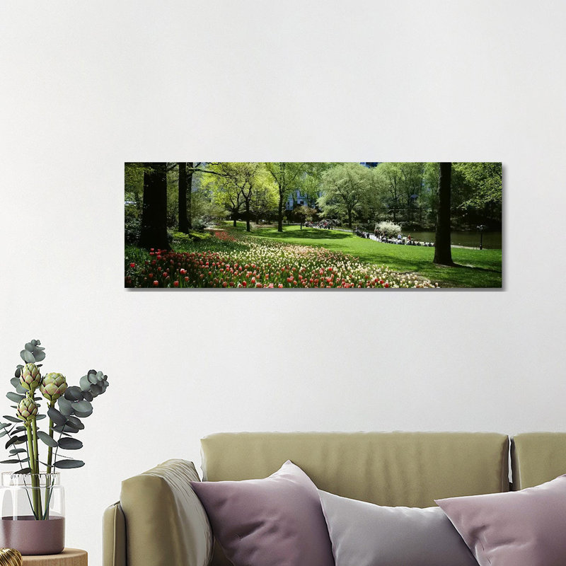 Flowers In A Park, Central Park, Manhattan, New York City, New York State, USA - Wrapped Canvas Panoramic Print