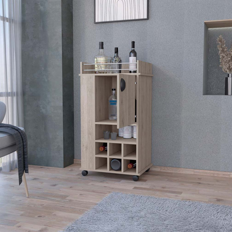 Allandale 1-Door Bar Cart with Wine Rack and Casters Light Gray, Gray