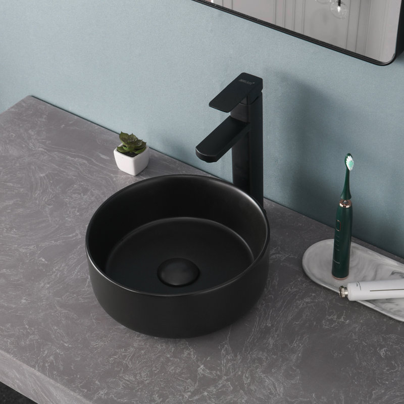 Classic Black Upgrades  11 13/16" Round Ceramic Bathroom Sink Set - 4 1/8" Height, with Adorable Soap Box & 1 1/4" Drain - Ideal for Small sized bathroom