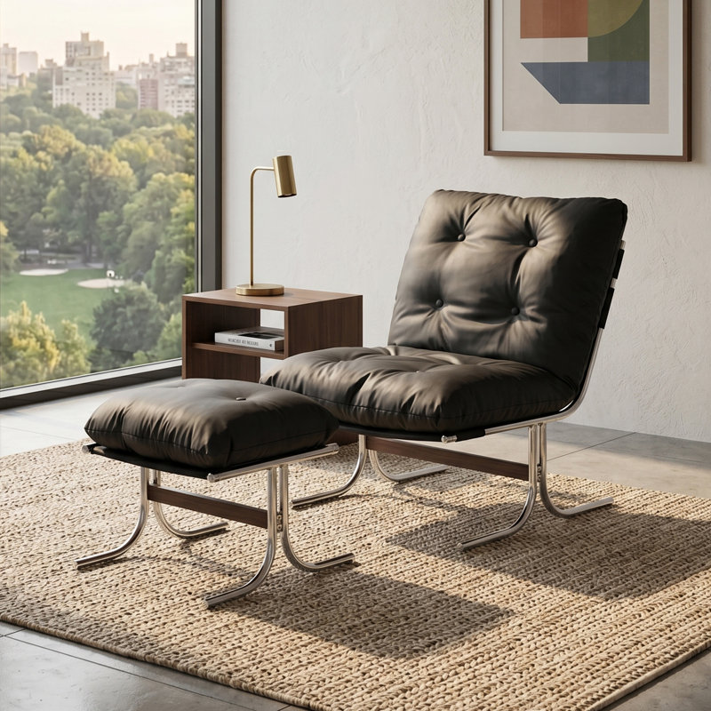 Méridienne Mid-Century moderne en cuir d'inspiration Bauhaus avec pieds en repose-pieds chromés, Noir