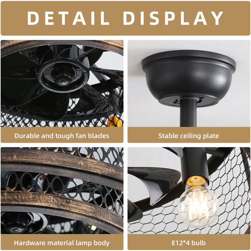 Vergel - 20 inches Caged Style Retro Indoor 8 Blade Standard Ceiling Fan with LED Light Kit Included