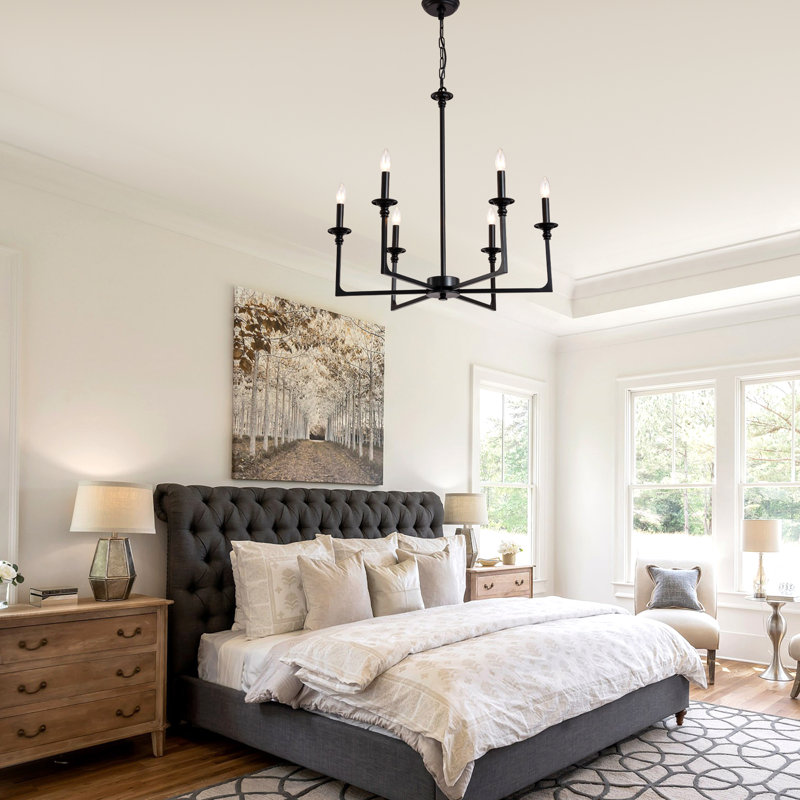 Lustre classique / traditionnel à 6 lumières de style bougie, luminaire suspendu noir à hauteur réglable pour salle à manger