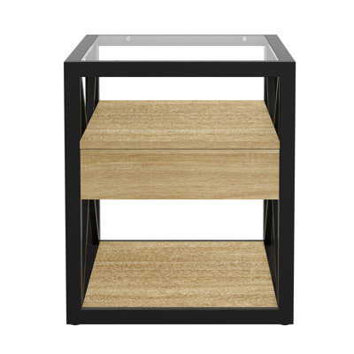 Table de bout moderne 1 pièce avec tiroir - Table de chevet pour chambre à coucher et salon, panneau de fibres à densité moyenne en bois naturel et plateau en verre trempé, table d'appoint de style industriel