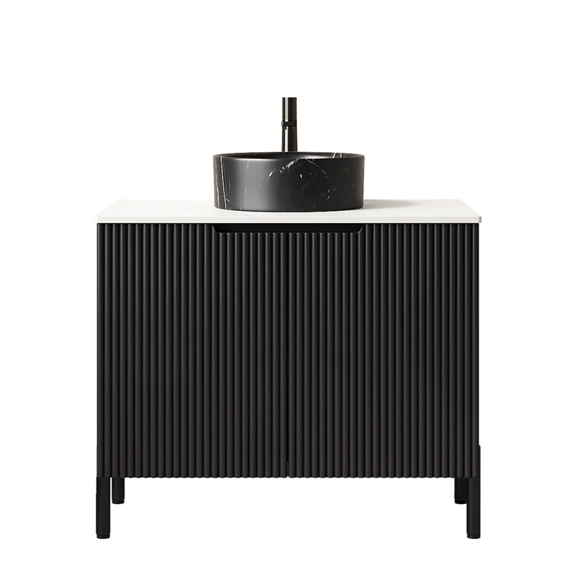 Meuble-lavabo moderne noir avec lavabo rond en céramique et armoire de rangement