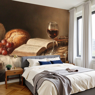 Peel and Stick Wallpaper Rustic Wine Still Life Vintage Christian Country Bread Grapes Wine Wall Murals 100"H x 144"W Removable PVC Wall Paper Self-Adhesive Wall Decor for Bedroom Living Room Home Office