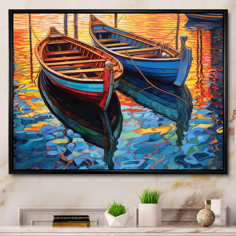 Deux bateaux dans le port II sur toile, H 24 po x l 32 po x P 1 po, Cadre flottant noir