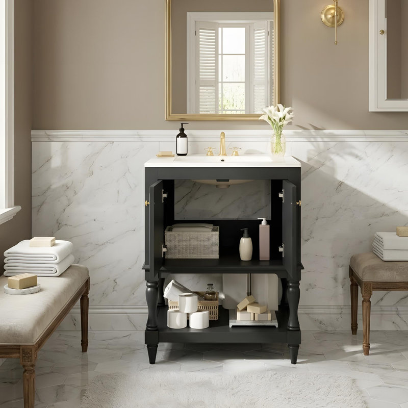 Meuble-lavabo de 24 po avec tablettes ouvertes et armoire avec portes, Noir