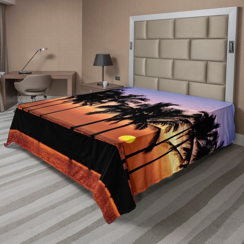 Drap plat Ambesonne Hawaii, coucher de soleil sur Big Island, lilas, orange foncé, noir, Drap plat grand