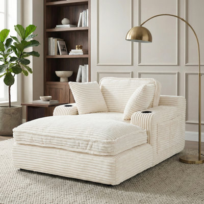 52" Wide Oversized Chaise Lounge Chair Indoor, Cloud Couch Boneless Soft Sofa with 3 Pillows, 4 Side Pockets and 2 Cup Holders, Comfy Corduroy Sleeper Couch for Living Room