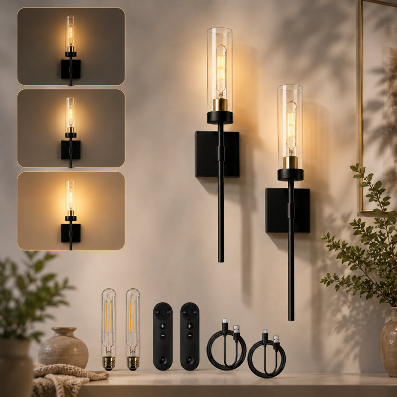 2-Pack Modern Rechargeable Wall Sconce, Dimmable Wall Light With Touch and Remote Control (Bulb Included)