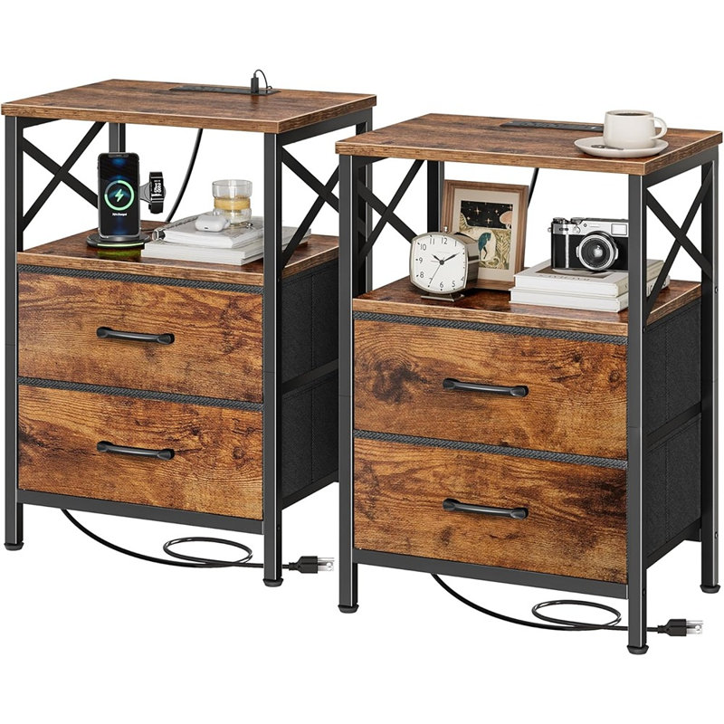 Table de chevet, ensemble de 2 tables de chevet modernes avec 2 tiroirs, tablette ouverte et station de charge USB-C [Brun rustique] - [Bois / Moderne / Table de chevet]