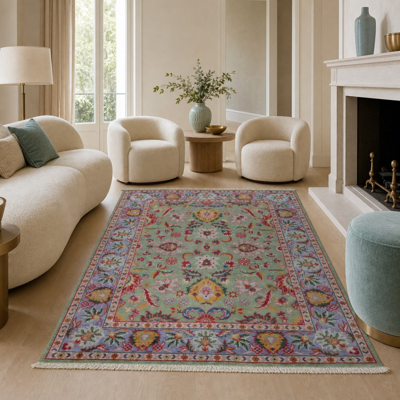 Hand-Knotted Light Green Wool Traditional Floral Oushak Area Rug