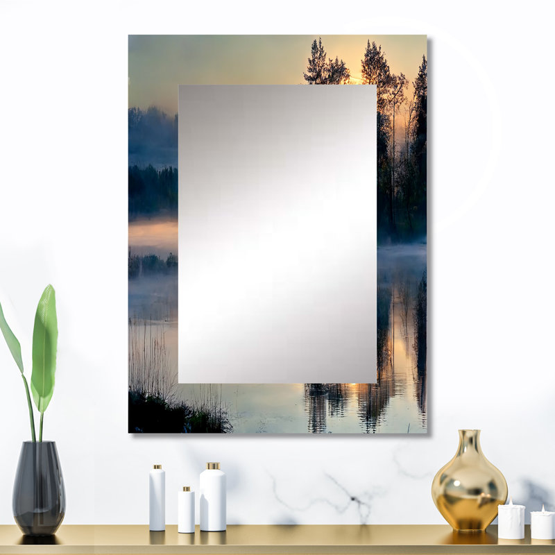 Morning Fog Over The Lake Sunset II - miroir décoratif lac, miroir mural traditionnel, impression d'art en métal