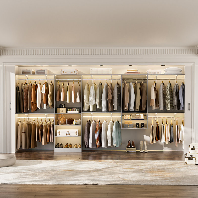 Seward 41’’-154’’ W Closet System With Shelves And 8 Hanging Rods, Gray