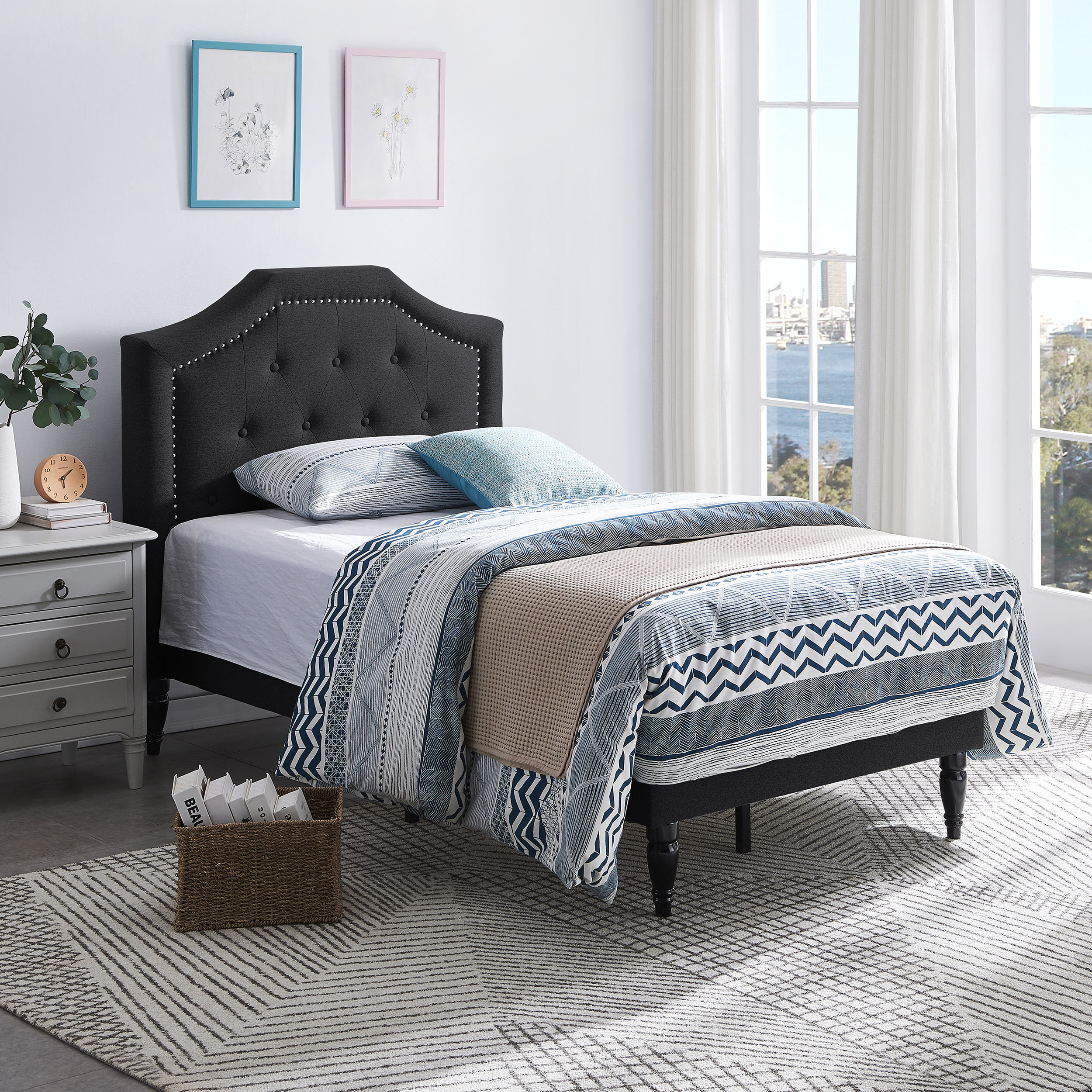 Twin upholstered sleigh deals bed