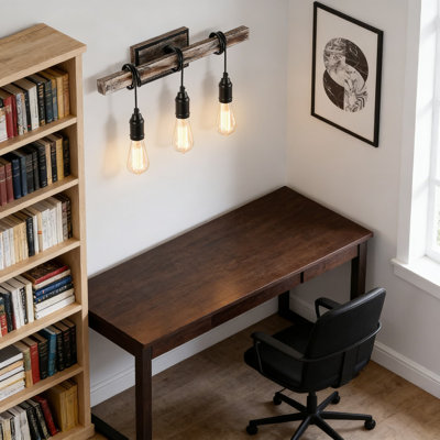 Industrial Farmhouse Wall Sconce With Wood Beam And 3 Exposed Bulbs, Linear Vanity Light For Bathroom, Living Room, Bedroom And Kitchen
