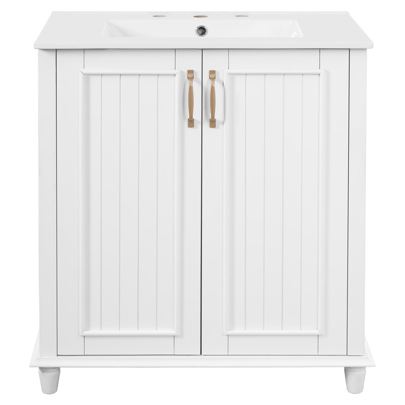 Meuble-lavabo de salle de bain 30 po avec lavabo en céramique, tiroir caché, solution de rangement polyvalente, tableau de haute qualité, charnière de porte, armoire autoportante de style pastoral, espace généreux, fermeture en douceur réglable
