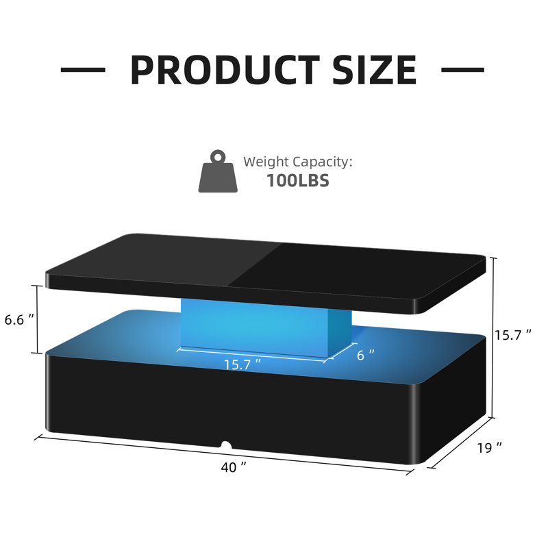 Contemporary Coffee Tables For Living Room, Led Coffee Table With Rounded Corner In 16 Colors, High Gloss 2 Tiers Table With Hidden Power Supply