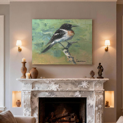 Vintage Perched Bird Palette Knife Oil Painting Print Canvas Wall Art with Pine Frame, Rustic Nature Bird Textured Canvas Art for Bedroom Living Room Decor