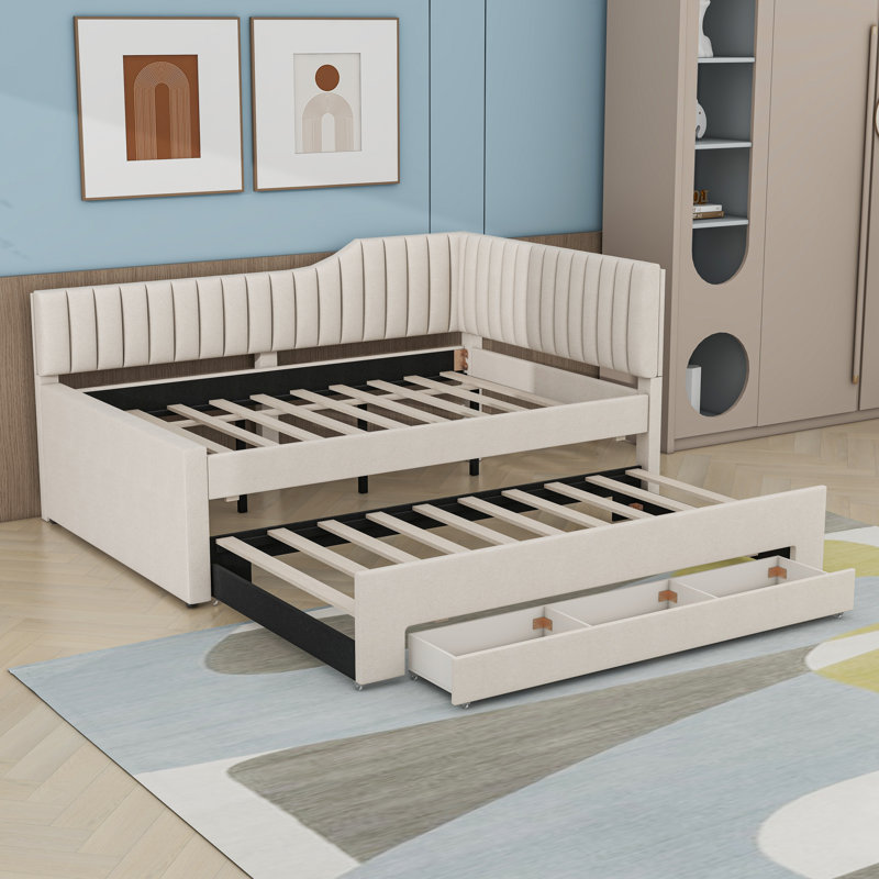 Upholstered Daybed with Three Drawers and Trundle, Beige, Full / Double