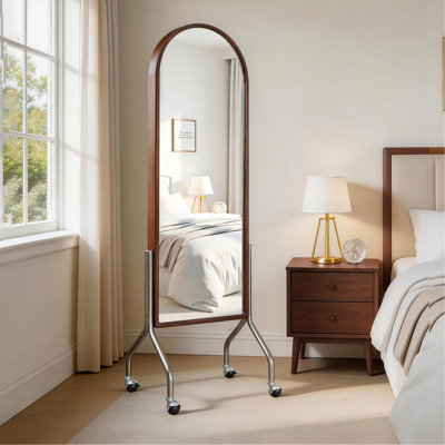 Miroir arqué pleine longueur avec tablettes et roulettes de rangement, miroir de plancher à cadre en bois d'hévéa, miroir roulant autoportant avec chariot, miroir 2-en-1 et bibliothèque pour le salon de la chambre à coucher