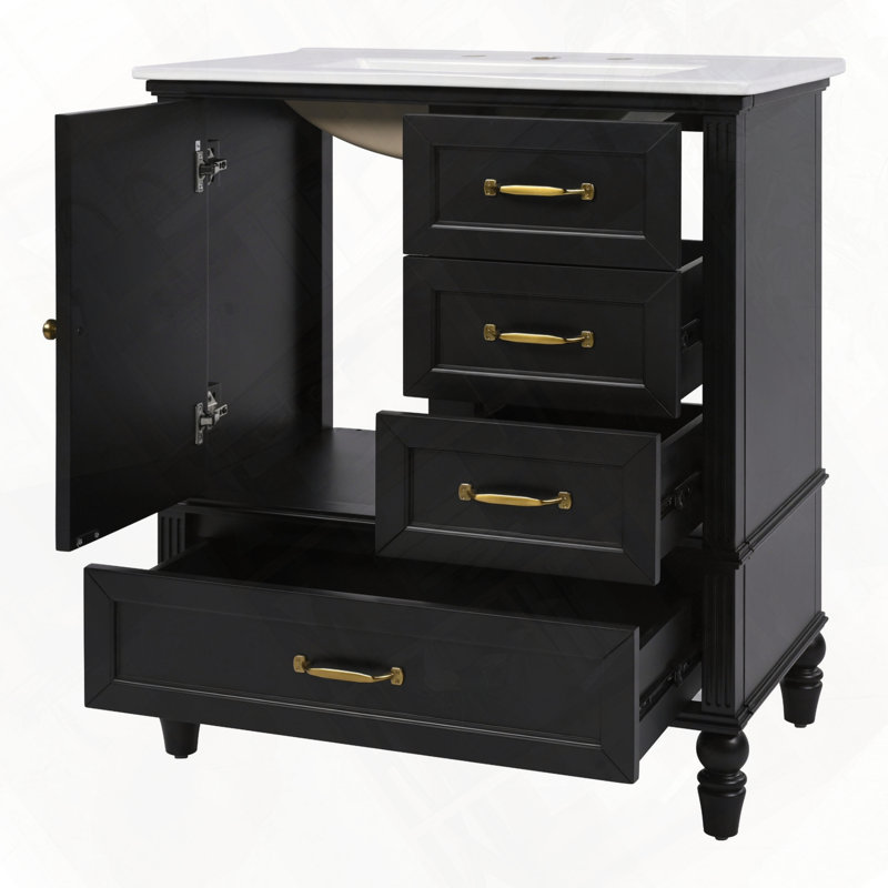 Meuble-lavabo avec trois tiroirs et pieds en bois massif, Noir