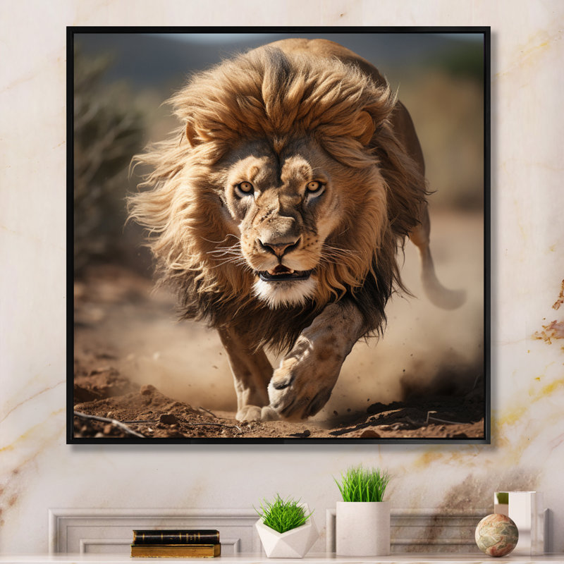Lion africain qui court - Lion, art mural, H 24 po x l 24 po x P 1 po, Cadre flottant noir