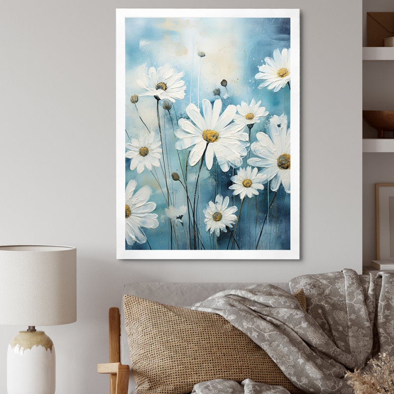 «White Daisy Meadow Elegance II», reproduction sur toile encadrée, Cadre simple blanc, H 32 po x l 16 po x P 1 po