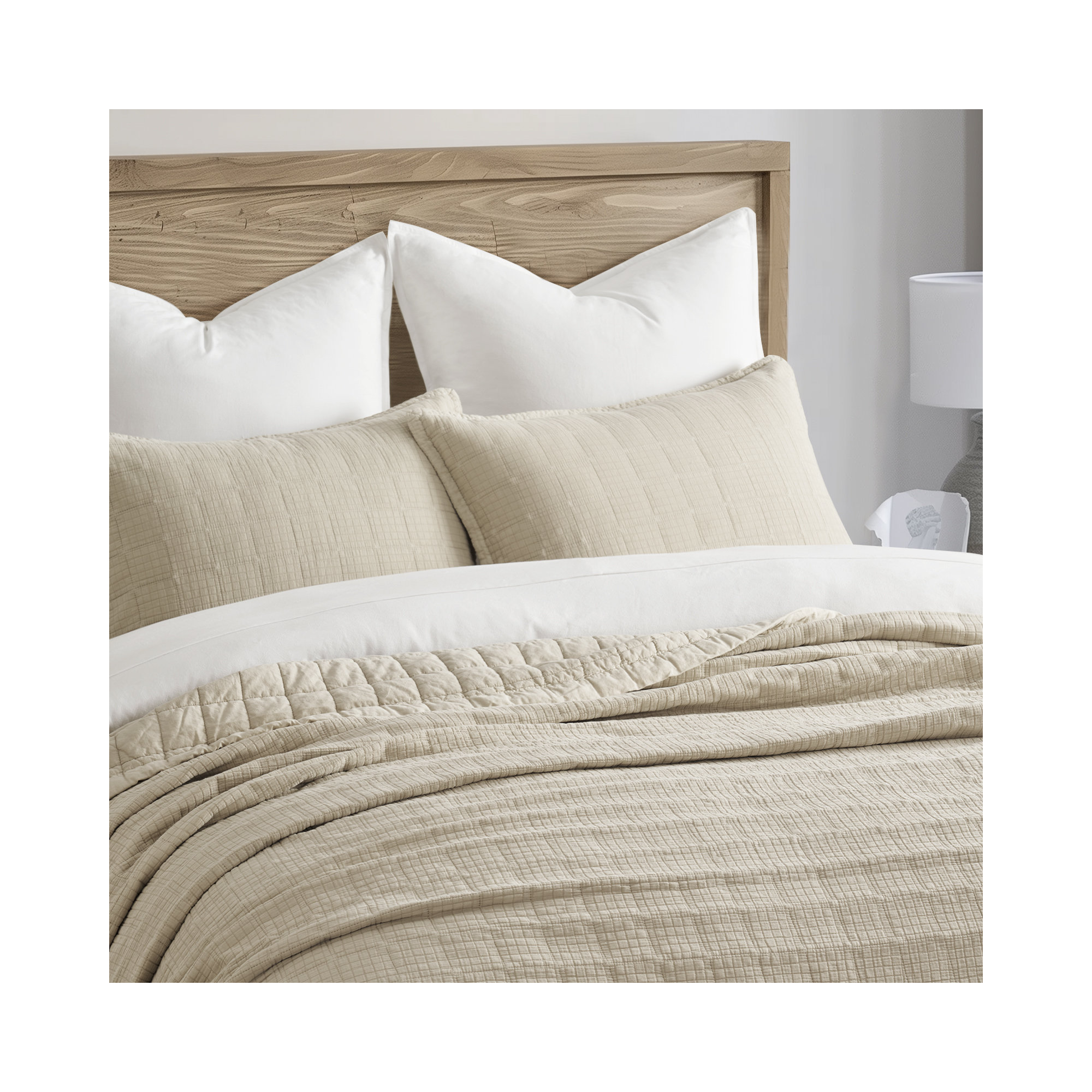 Stonewashed Crinkle Cotton Box Stitch Quilt Set, Flax Beige, Queen Quilt + 2 Queen Shams