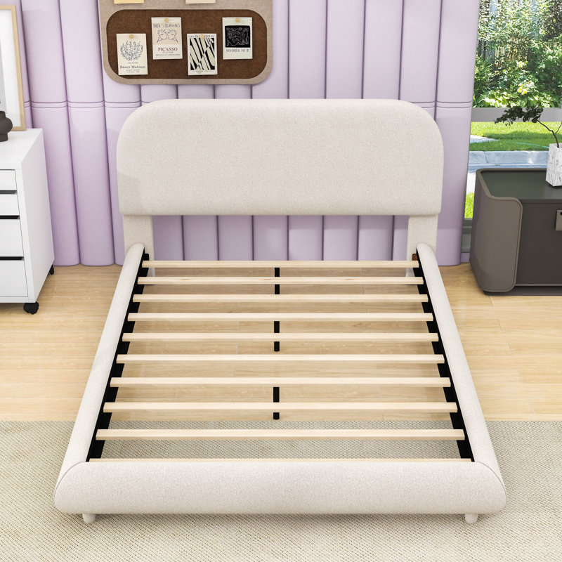 Luxurious Teddy Fleece Upholstered Platform Bed with Curve-Shaped Design, Full, Beige
